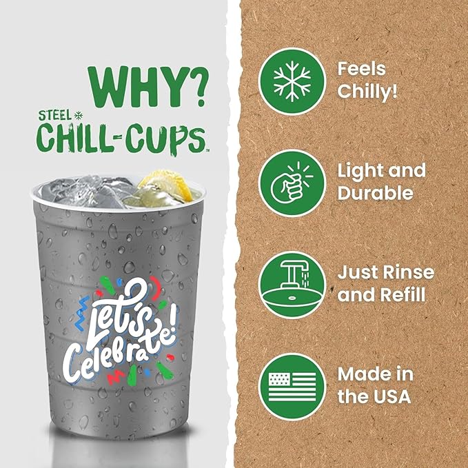 16 oz. Party Cups 'Let's Celebrate Let's Party' Design for Cold Drinks, Durable, Disposable, Recyclable, Made in USA, Gray, 12 Count