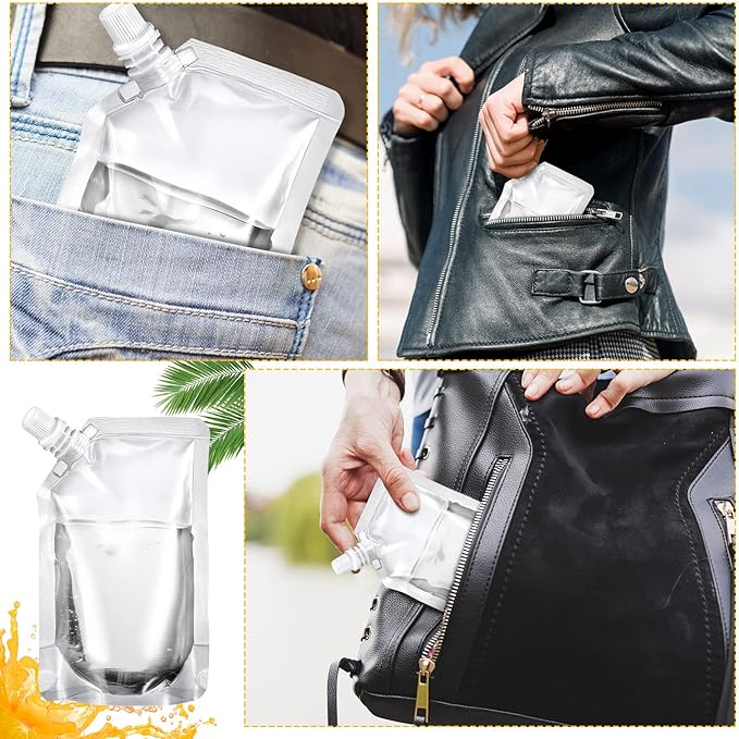 Meanplan 100 Pcs Plastic Pouches Bulk Reusable Squeeze Pouches Clear Plastic Juice Leak Proof Bags with Funnel for Party Favors Supplies(13 oz,Inclined Mouth)