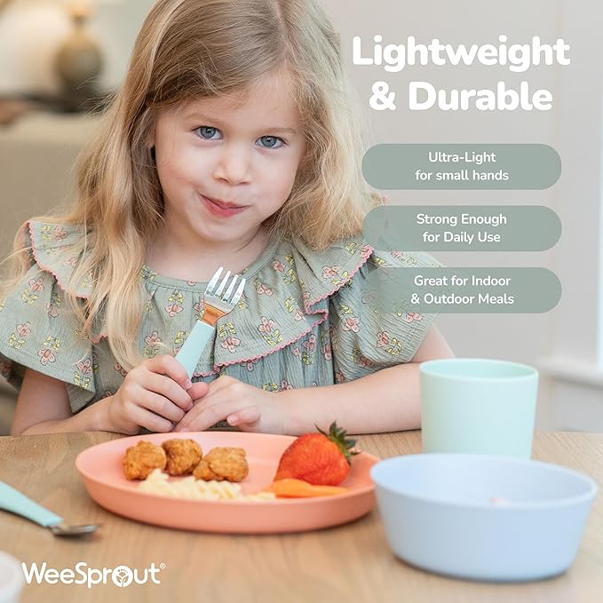 WeeSprout Bamboo Plates with Silicone Lids, Set of 4, Kid-Sized Dinnerware, Cereal, Leftovers & Snacks, Dishwasher Safe Melamine Dishware (Blue, Green, Gray, & Beige)