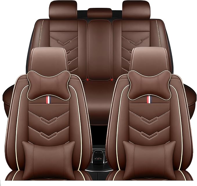 Leather Car Seat Covers Fit for LR LR4 2009-2016, 5 Seater Waterproof and Wear-Resistant Seat Cover Interior Accessories(Full Set with Pillow,Coffee)