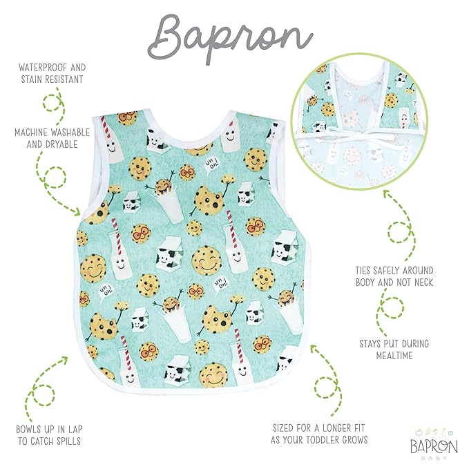 BapronBaby Cookies & Milk Bapron - No Neck Tie Safer Bib for Baby & Toddler - Soft Waterproof Stain Resistant - Machine Washable - Sz Baby/Toddler 6m-3T