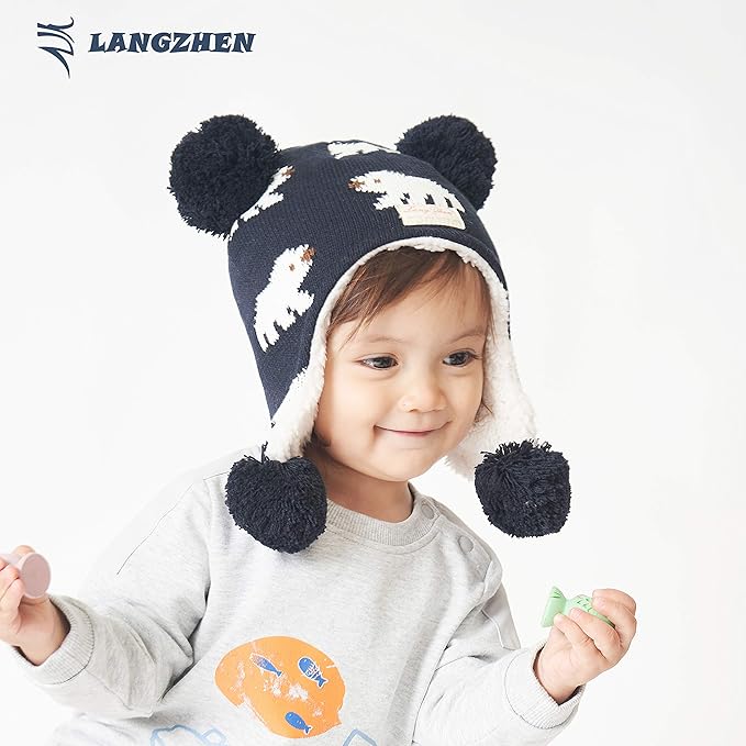 LANGZHEN Toddler Kids Infant Winter Hat,Earflap Knit Warm Cap Fleece Lined Beanie for Baby Boys Girls