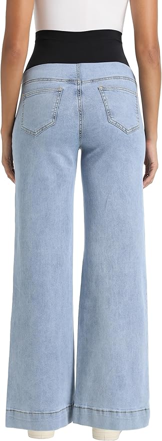 Foucome Women's Maternity Jeans Wide Leg Trendy Comfy Stretchy Straight Leg Pregnancy Denim Pants