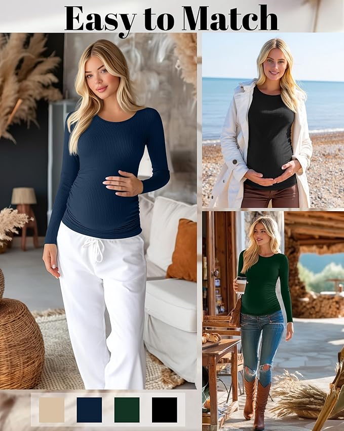 Huukeay 4 Pack Women's Maternity Shirts, Long Sleeve Cotton Ribbed Pregnancy Tops Side Ruched Crew Neck Casual Mama Clothes