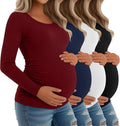 Riyiper 4 Pack Women's Maternity Shirts, Long Sleeve Cotton Ribbed Pregnancy Tee Top Crewneck Side Ruched Casual Mama Clothes