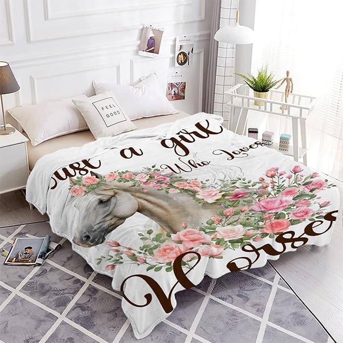 Just A Girl Who Loves Horses Blanket for Teen Flowers Animals Throw Blanket Gifts for Girls Boys Soft Throws Blankets All Seasons 50×60 Inches for Bed Office