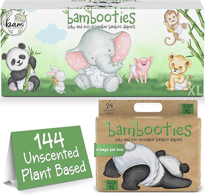 Bamboo Baby Diapers, Totally Chlorine Free for Sensitive Skin for Newborns to XXL. Hypoallergenic & Non Toxic Eco Friendlier Plant-Based Materials. TCF XL Size 5 Diapers (144 ct)