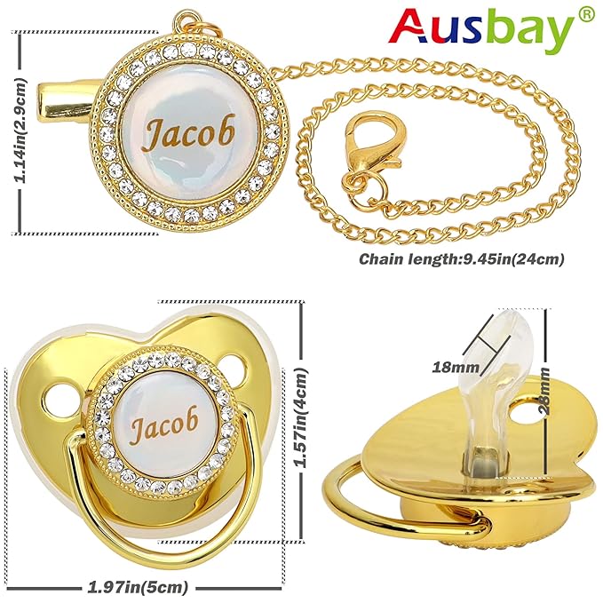 Personalized Pacifier Set with Name, BPA Free, Bling Gold Silver Pink Rose Gold Luxurious Ideal Gift for Newborns (Gold)