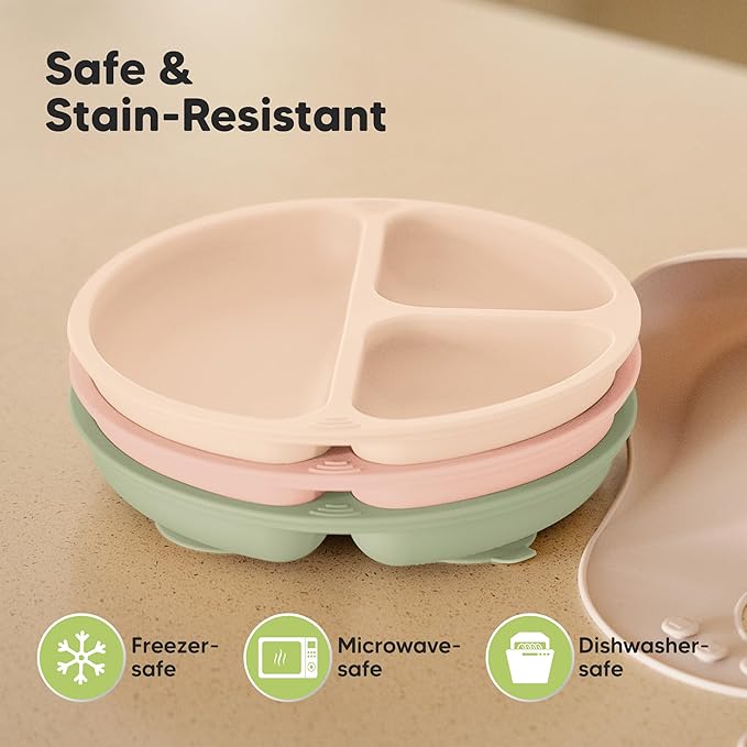KeaBabies Suction Plates for Baby, Toddler - 3-Pack 100% Silicone Toddler Plates with Suction, Divided, BPA-Free Baby Led Weaning Essentials for Kids, Dishwasher, Microwave Safe, Durable (Macaron)