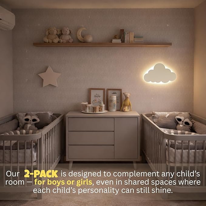 KALEOLI Cloud & Star Wall Lights 2 Pack - Dimmable & Rechargeable Nursery Night Lights for Kids & Baby Room Decor - Made for Bedtime Routines (Star Decals Included)