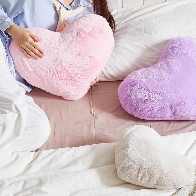 EastTree Heart Pillows, Bean Paste Pink Heart Shaped Pillows, Love Throw Pillows Gifts, Ultra Faux Rabbit Fur Soft Small Cute Fluffy Pillows, Women Girls Kid Living Room Decor 10x13 Inch