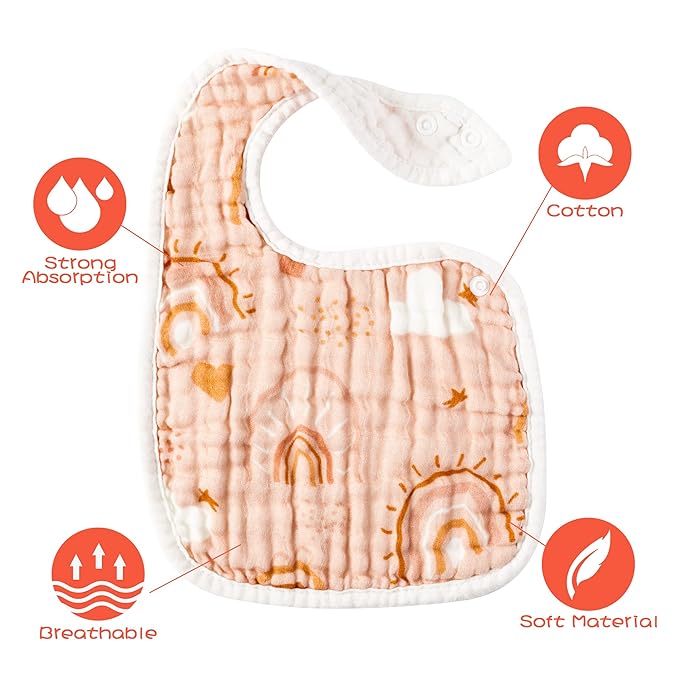 Zainpe 6Pcs Snap Muslin Cotton Bibs for Baby Rainbow Sun Star Adjustable Feeding Bib, Machine Washable Unisex Burp Cloths with 6 Absorbent Soft Layers for Infant Newborn Toddler Drooling Teething