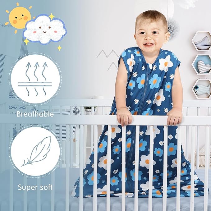 3 Pack Baby Sleep Sack 100% Rayon Cotton Baby Sleeping Bag 2-Way Zipper Toddler Wearable Blankets TOG 0.3. (Gerbera&Tulips&Pink, 18-24 Months)
