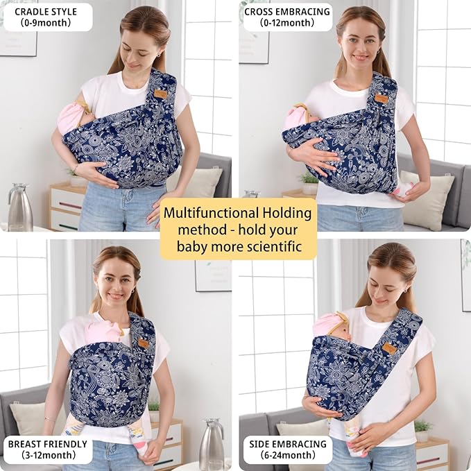 Baby Sling Carrier Newborn, Adjustable Easy Wearing Baby Nursing Warp Sling, New Mom Dad Soft Cotton Baby Front Holder Carrier for Infant Toddler Life Travel Essential Gifts (Dark Blue)
