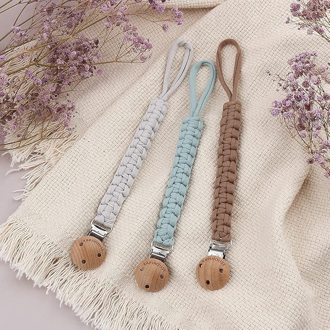 Pacifier Clip for boy 9.2 Inch Pacifier Leashes woodern Clips Teething Toy with Handmade Braided Cotton Modern Unisex Baby Shower Birthdays Christmas Set (3 Pack Boys)