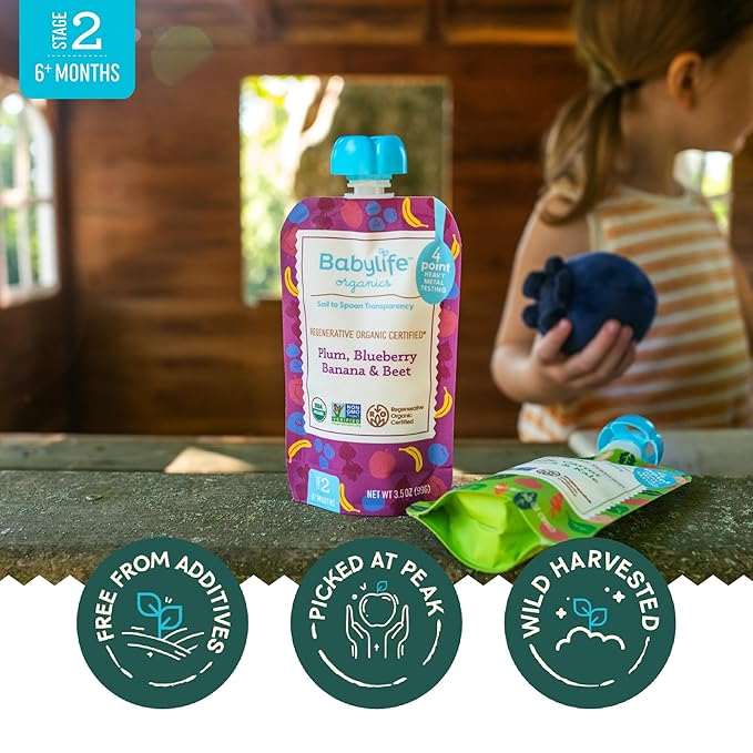 Babylife Organics Stage 2 - Plum, Blueberry, Banana & Beet, 3.5 Ounce Pouch (6 Pack) - Heavy Metal Safe, Organic Baby Food