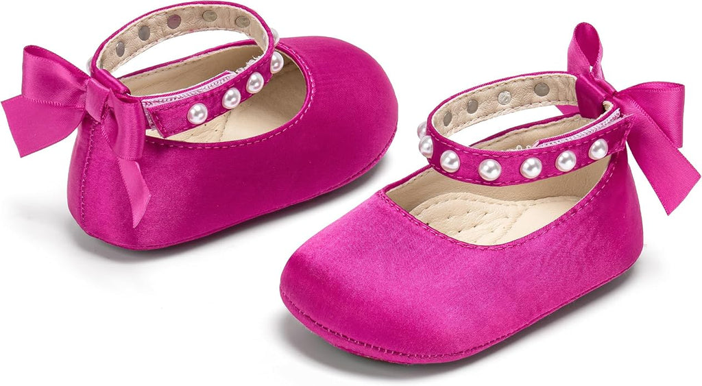 Baby Girls Mary Jane Flats - Infant Newborn Walking Shoes Soft Rubber Sole Princess Wedding