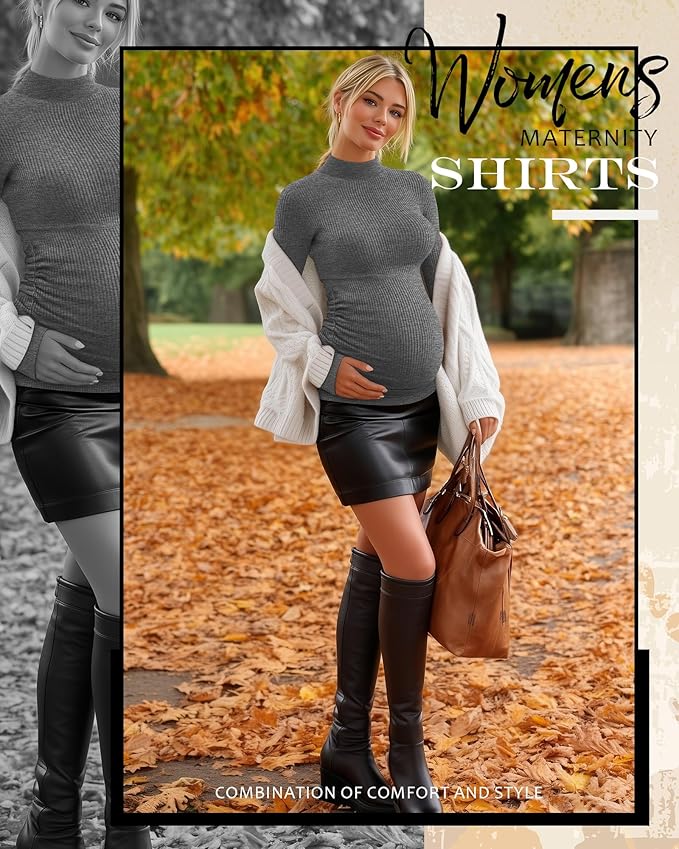 4 Packs Womens Maternity Shirts Long Sleeve Cotton Ribbed Pregnancy Mock Neck Side Ruched Workout Tops for Mama
