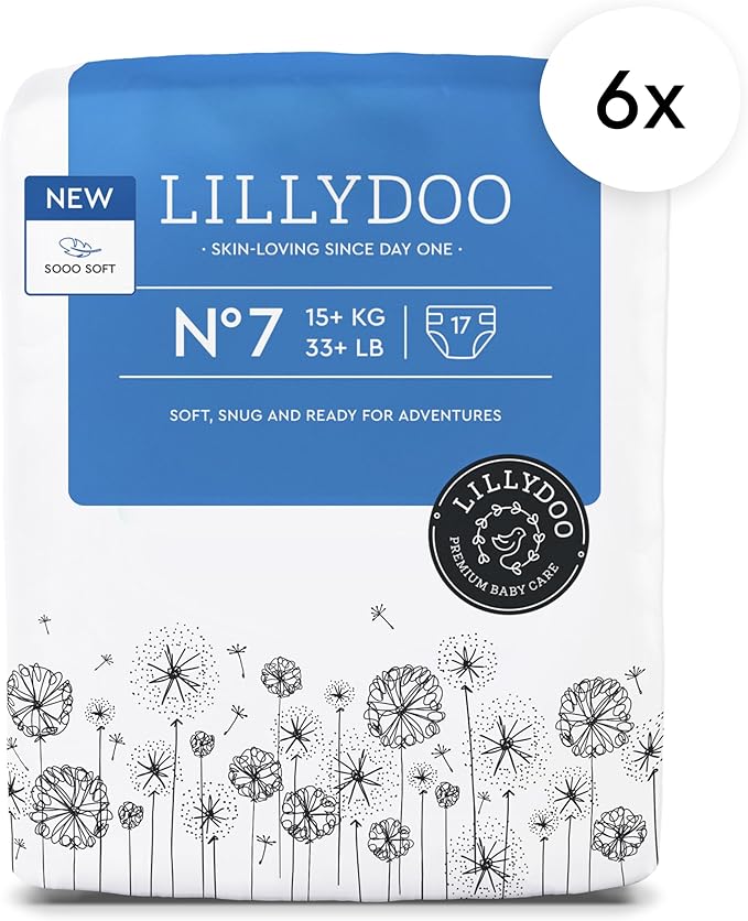 LILLYDOO Baby Diapers - Size 7 (33+ lbs), Monthly Supply (102 Count), Leak Protection, Skin-Friendly, Ultrasoft, Perfume- & Chlorine-Free, Hypoallergenic, Dermatologist Tested, Oeko-TEX®