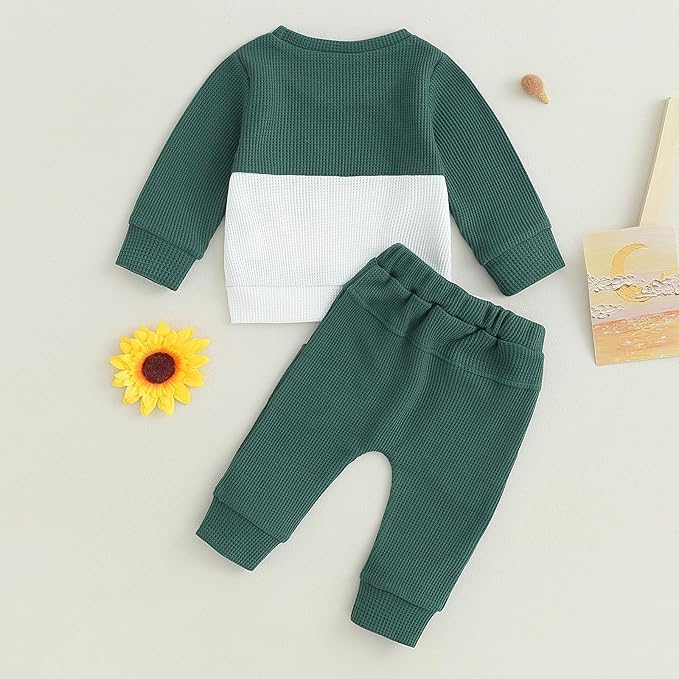 Toddler Baby Boy Fall Clothes Waffle Contrast Color Sweatshirt Pants Sets Infant Winter Outfits 6 12 18 24 Months