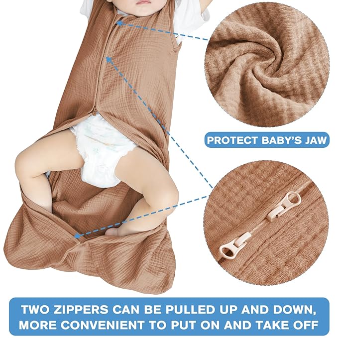 2 Pack Baby Sleep Sack 0-24 Months Baby Sleeping Bag 2-Way Zipper Toddler Wearable Blankets (Beige&Coffee TOG 0.3, Large)