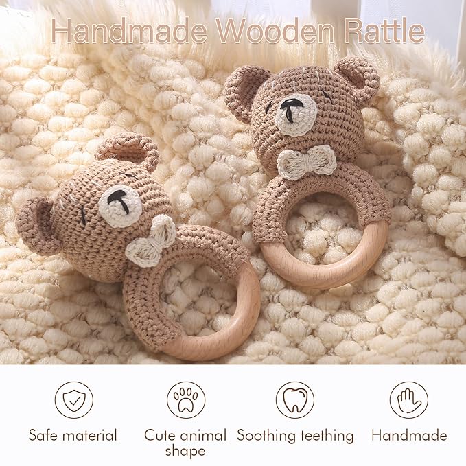 WOODEN TEETHER Baby Rattle, Shaker Toy,Crochet Baby Rattle, Crochet Baby Toys, Organic Wooden Newborn Toys, Newborn Animal Rattle Toys，Knitted Stuffed Animals Gifts for Baby, Kahki Bear