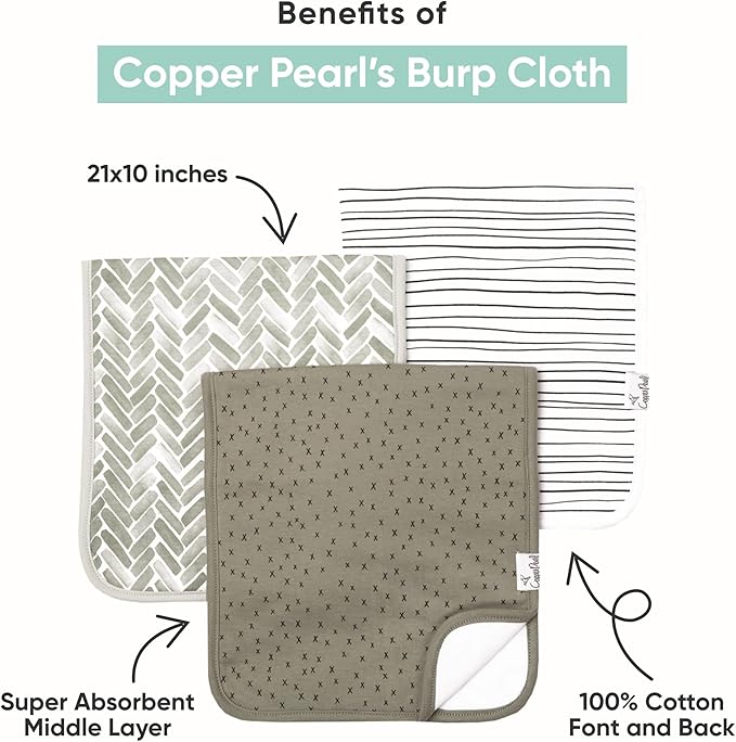 Copper Pearl Premium Baby Burp Cloths - 3-Pack Large Cotton Burp Cloths, Extra Soft Spit Up Rags with 3 Absorbent Layers, Perfect for Baby Boy and Baby Girl Gifts (21" x 10" Size, Blitz Set)