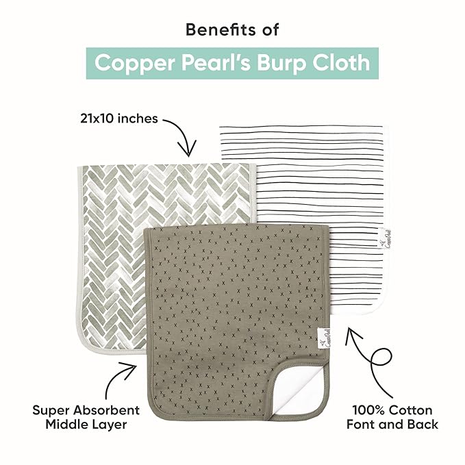 Copper Pearl Premium Baby Burp Cloths - 3-Pack Large Cotton Burp Cloths, Extra Soft Spit Up Rags with 3 Absorbent Layers, Perfect for Baby Boy Gifts (21" x 10" Size, Archer Set)