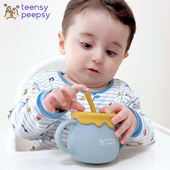 Honey Jar Pot 3-in-1 Silicone Training Cup 8.5oz, Baby Sippy Cup with Straw & Snack Cup for 6 months+ Straw Cup for Baby Boy Gift, Open Cup Toddler Smoothie Drinkware (Honey Jar Blue)