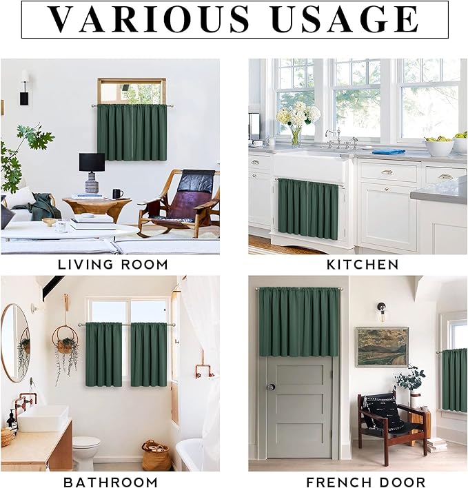 RYB HOME Short Dark Green Blackout Curtains for Small Bedroom Window, Insulating UV Blocking Drapes for Kitchen Cafe Basement Garage, Privacy Tiers for Bathroom Window, Width 42 by Length 36, Set of 2