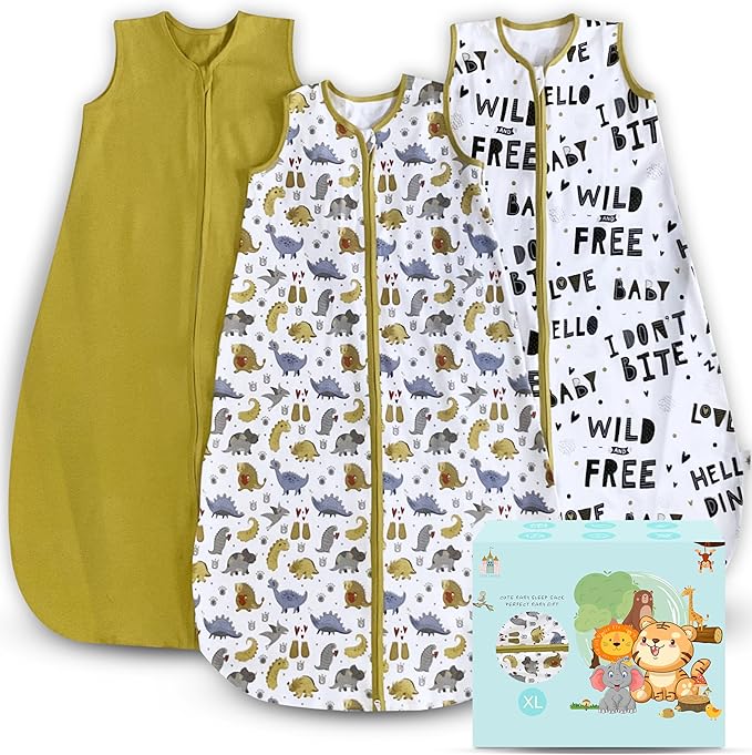 Cute Castle Baby Sleep Sack 18-24 Months - Lightweight 100% Cotton 2-Way Zipper TOG 0.5 Infant Wearable Blanket, Newborn Essentials Toddler Sleep Clothes, 3 Pack(Honey, Dinosaurs, Letters)