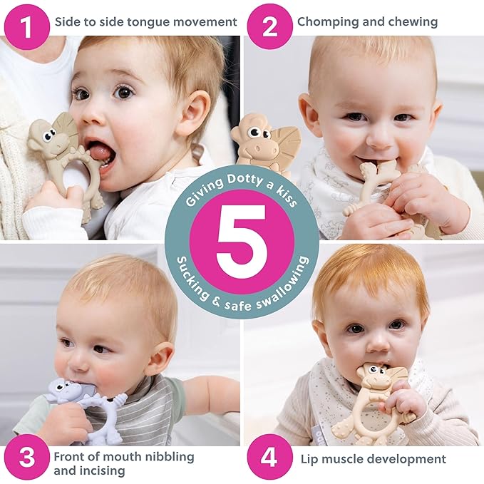 Bibado - Dotty The Dinosaur Teething Toys, Blush - Multi-Sensory Teether - BPA Free Baby Toy - Strengthen Mouth Muscles & Learn Feeding - Dentist Approved - Baby Essentials & Baby Toys - 3 Months+