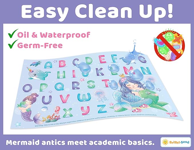 Disposable Placemats for Baby, Toddlers and Kids, 40 Disposable Baby Placemats for Restaurant, Dining Table & Travel, Learning Placemats for Kids, Toddler Travel Essential, Mermaids ABC & Numbers