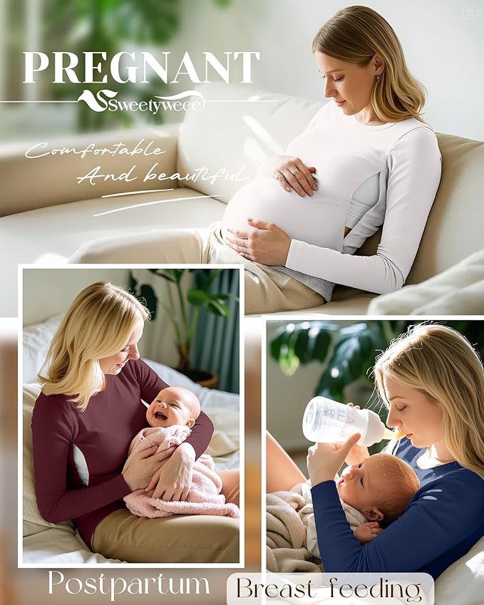 4 Pack Women's Nursing Breastfeeding Tops, Long Sleeve Maternity Shirts Loose Fit Hidden Zipper Pregnancy Clothes