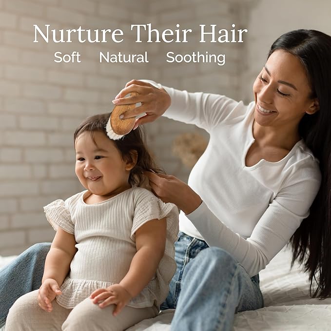 Natemia Baby Hair Brush - Wooden Handle & Soft Goat Bristles for Gentle Grooming & Scalp Massage - Newborn & Toddler Hair Brush for Cradle Cap Care (Oval)