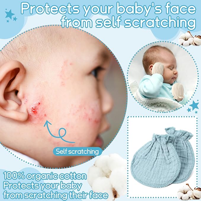 Newborn Baby Muslin Mittens 0-6 Months No Scratch Elastic Wrist Soft Breathable Gloves Bulk Cotton for Infant