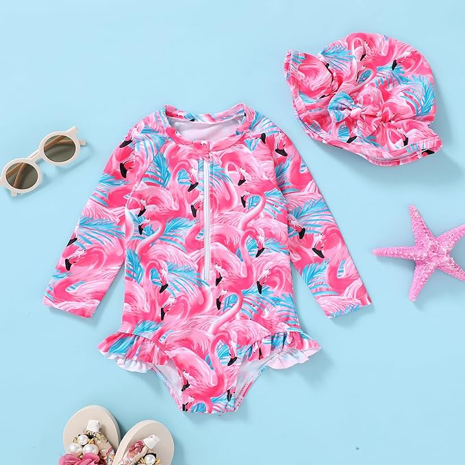 Infant Baby Girl Swimsuit One-Piece Long Sleeve Rash Guard with Hat Set Floral Zipper Bathing Suit Leopard Beach Wear