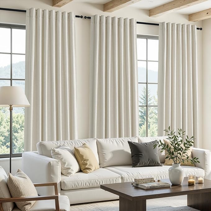 Topfinel Natural Linen Blackout Curtains with Back Tab for Tracks 96 Inch Long, Room Darkening Memory Trained Linen Drapes, Elegant Noise Cancelling Patio Door Curtains, Cream Beige,52" W*96" L