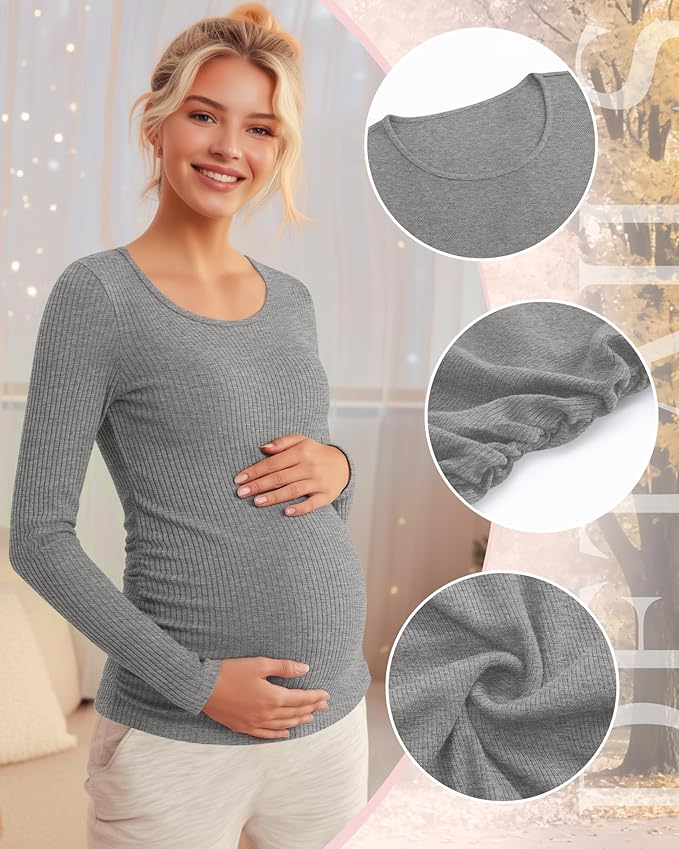 Riyiper 4 Pack Women's Maternity Shirts, Long Sleeve Cotton Ribbed Pregnancy Tee Top Crewneck Side Ruched Casual Mama Clothes