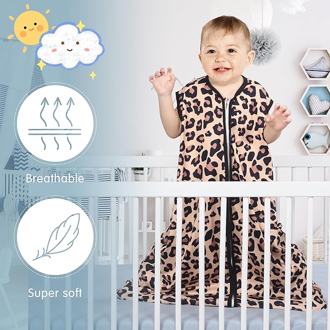 3 Pack Baby Sleep Sack 100% Rayon Cotton Baby Sleeping Bag 2-Way Zipper Toddler Wearable Blankets TOG 0.3. (Leopard&Cobble&Green, 12-18 Months)
