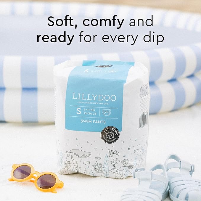 LILLYDOO Baby Swim Diapers - Size Small (13-24 lbs), Half-Monthly Supply (40 Count), Blue Whales Design, Skin-Friendly, Perfume- & Chlorine-Free, Hypoallergenic, Dermatologist Tested, Oeko-TEX®