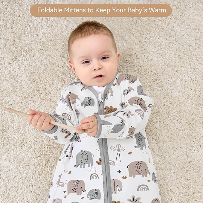 Baby Sleep Sack 12-18 Months, Long Sleeve Baby Wearable Blanket 0.5 Tog with Mittens, 2-Way Zipper Toddler Cotton Sleeping Sack for Boy and Girl Grey Elephant 2 Pack(Large)