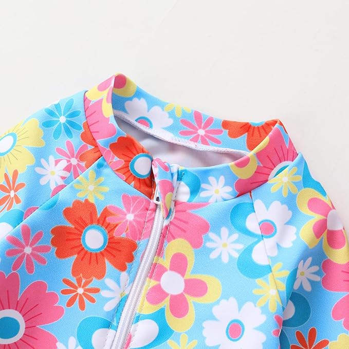 Infant Baby Girl Swimsuit One-Piece Long Sleeve Rash Guard with Hat Set Floral Zipper Bathing Suit Leopard Beach Wear