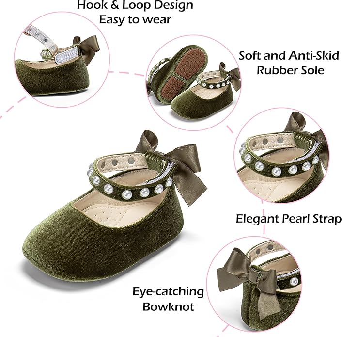 Baby Girls Mary Jane Flats - Infant Newborn Walking Shoes Soft Rubber Sole Princess Wedding