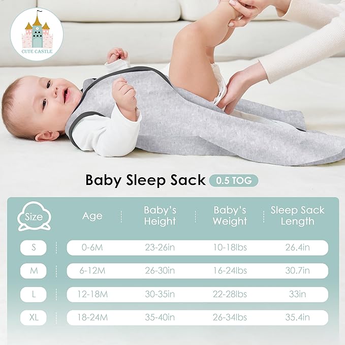 Cute Castle Baby Sleep Sack 18-24 Months - Lightweight 100% Cotton 2-Way Zipper TOG 0.5 Infant Wearable Blanket, Newborn Essentials Toddler Sleep Clothes, 3 Pack(Dark gray, Light gray, Bear)