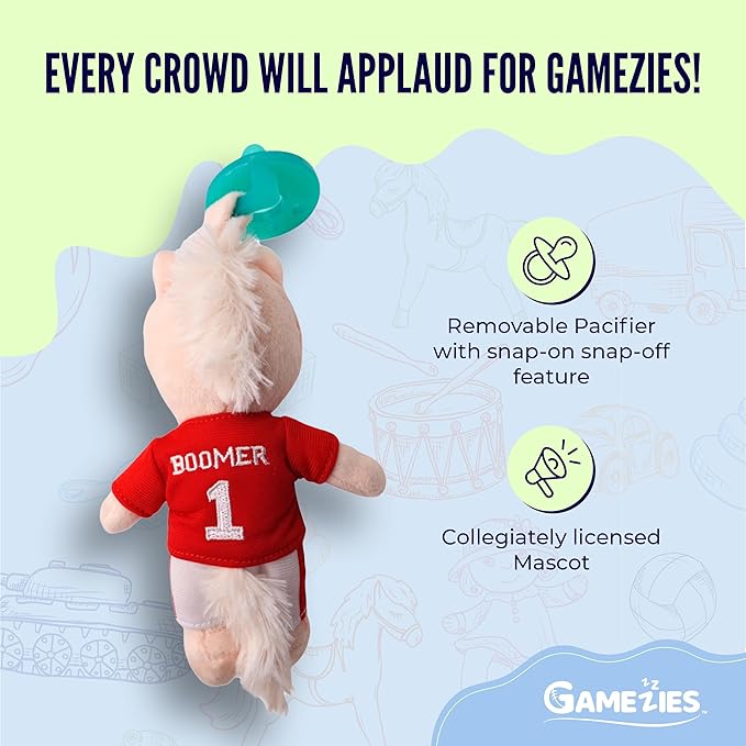 Gamezies Baby Boy and Girl Silicone University of Oklahoma Bloomer Plush Pacifier Collegiately Licensed, Boomer, Removable, Washable Plush Toy CPSIA Tested, BPA-Free 0-6 Months