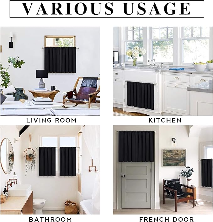 RYB HOME Short Blackout Curtains for Bedroom, Black Room Darkening Insulated Summer Heat Light UV Blocking Energy Saving Drapes for Nursery, Width 34 by Length 48, Black, Set of 2