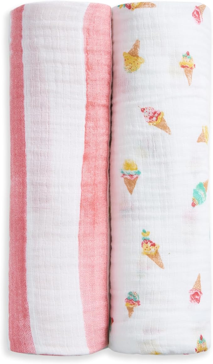 aden + anais Essentials Cotton Muslin Swaddle, Breathable Baby Blanket, Ideal for Boys, Girls, Newborns, Babies & Infants, Receiving Blanket, Soft and Lightweight Wrap, 2 Pack, Ice Cream Dreams