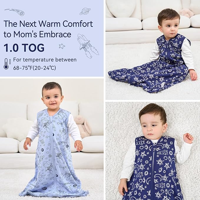 Baby Sleep Sack 6-12 Months 1.0 Tog Baby Wearable Blanket 100% Cotton Sleeping Sack with 2-Way Zipper for Infant Newborn Blue& Green space