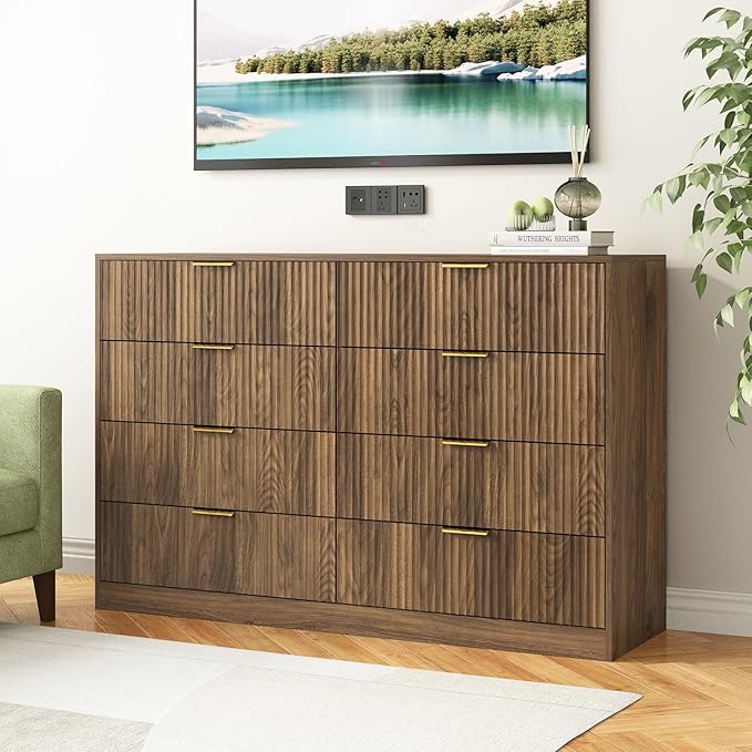 8 Drawer Dresser for Bedroom, Modern Fluted Double Dresser, 55" Wide Chest of Dressers, Mid Century Wooden Beside Table for Closet, Living Room and Entryway, Natural